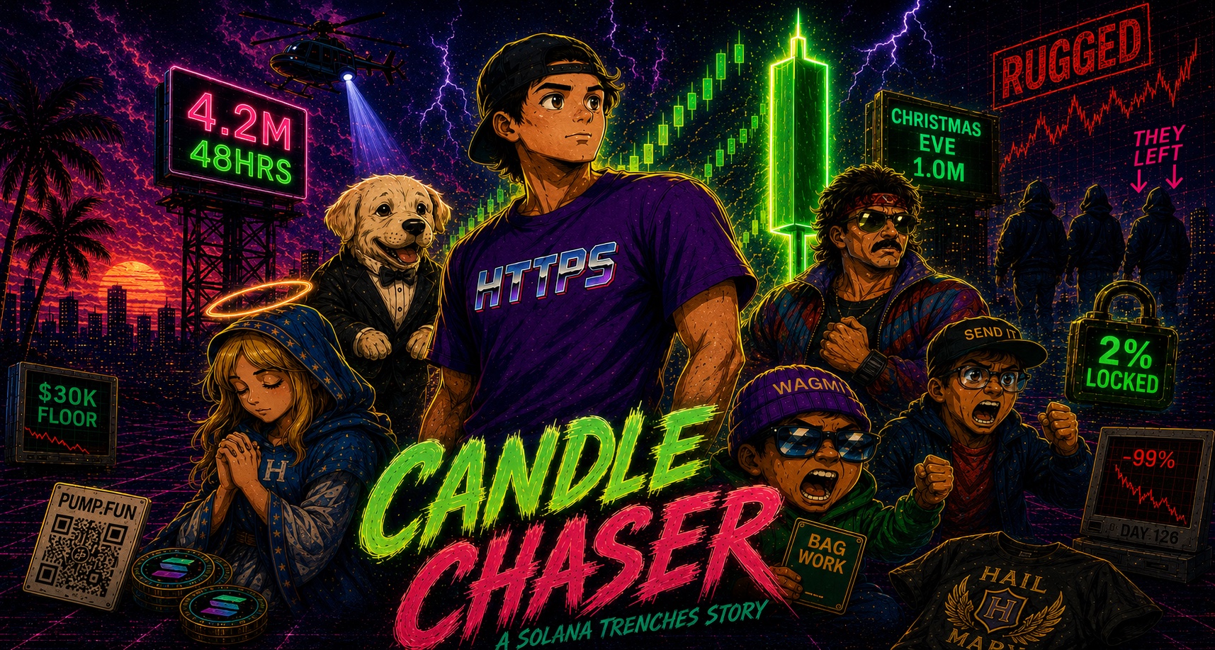 Candle Chaser official artwork showing the HTTPS trenches story in a neon market city