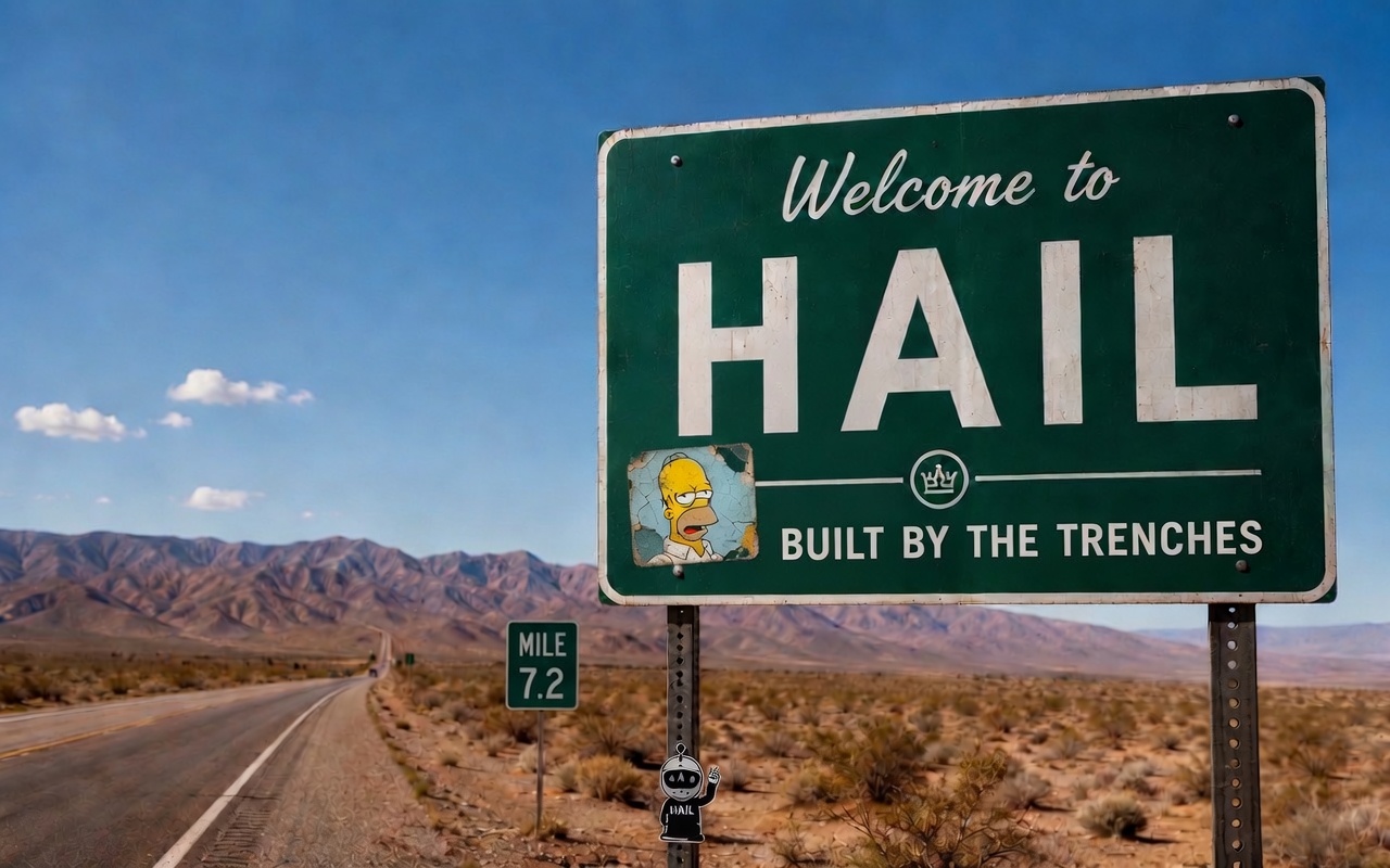 A desert highway leading toward a Welcome to HAIL sign marked Built by the Trenches